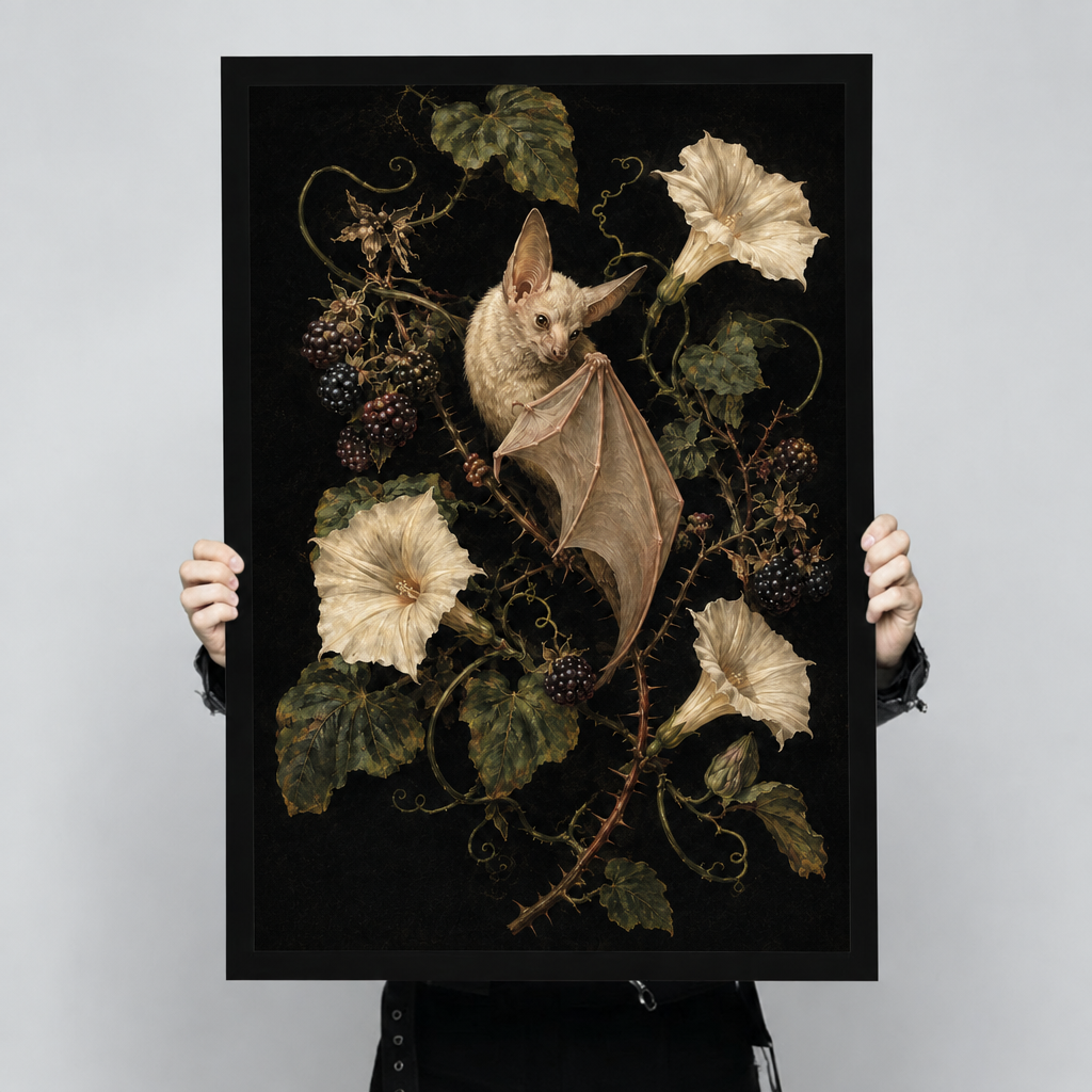Framed bat floral canvas wall art held by hands, featuring a winged bat among flowers and berries
