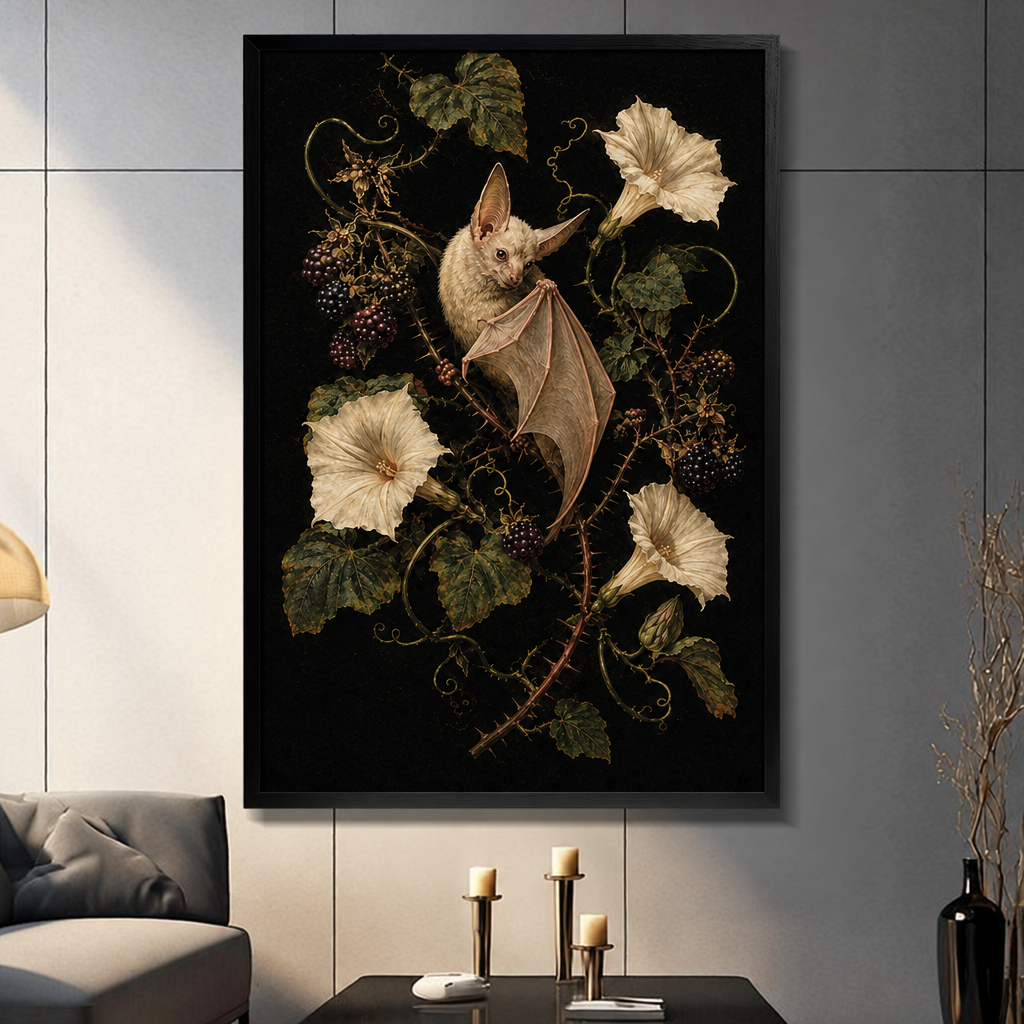 Framed bat floral canvas wall art displayed in a living room, featuring a pale bat among flowers, vines, and berries