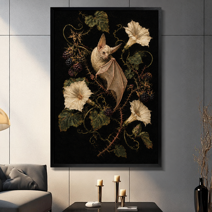 Framed bat floral canvas wall art displayed in a living room, featuring a pale bat among flowers, vines, and berries