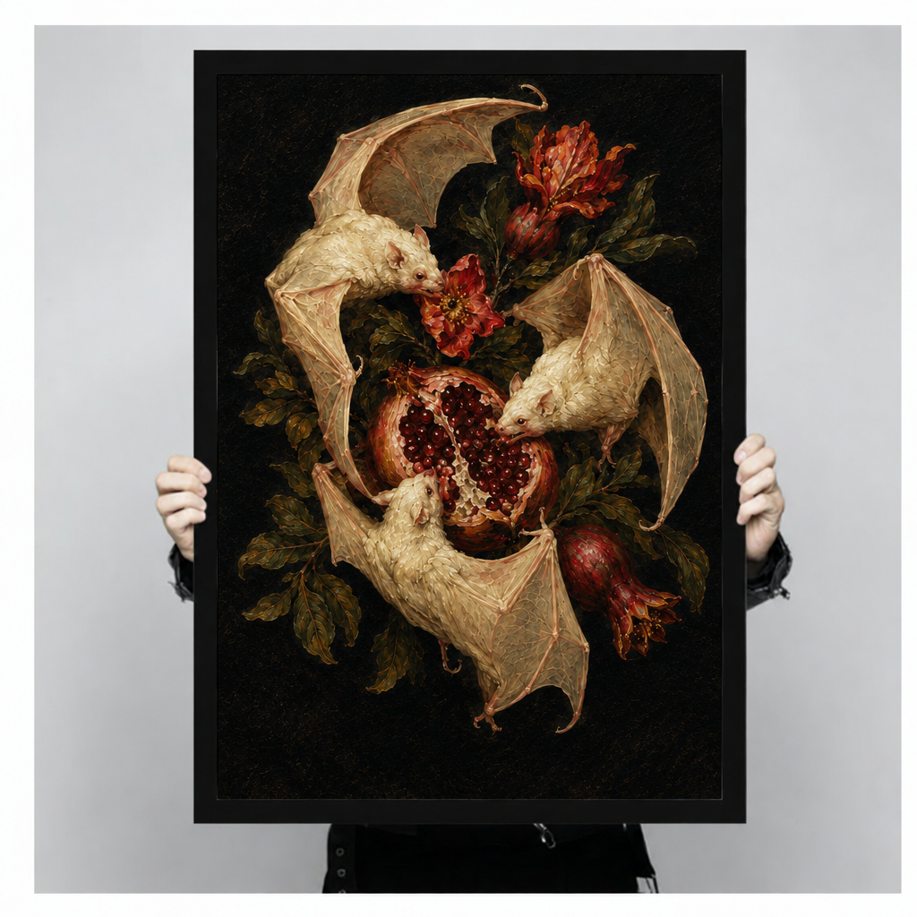 Framed bat pomegranate canvas wall art held by hands, with three winged bats surrounding an open pomegranate