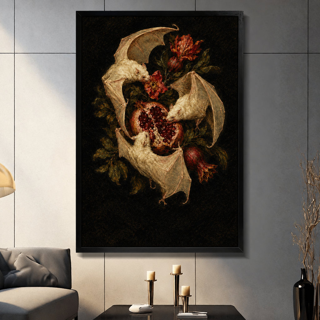 Framed bat pomegranate canvas wall art displayed in a living room, featuring three pale bats among fruit, flowers, and leaves

