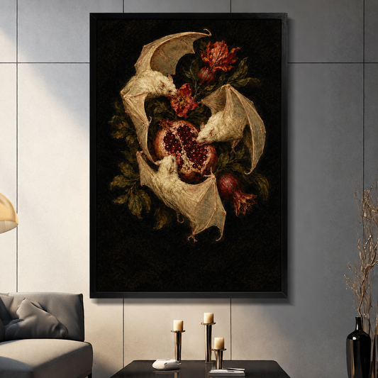 Framed bat pomegranate canvas wall art displayed in a living room, featuring three pale bats among fruit, flowers, and leaves

