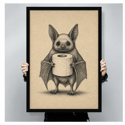 Framed bat toilet paper bathroom wall art held by hands, featuring a detailed vintage bat illustration