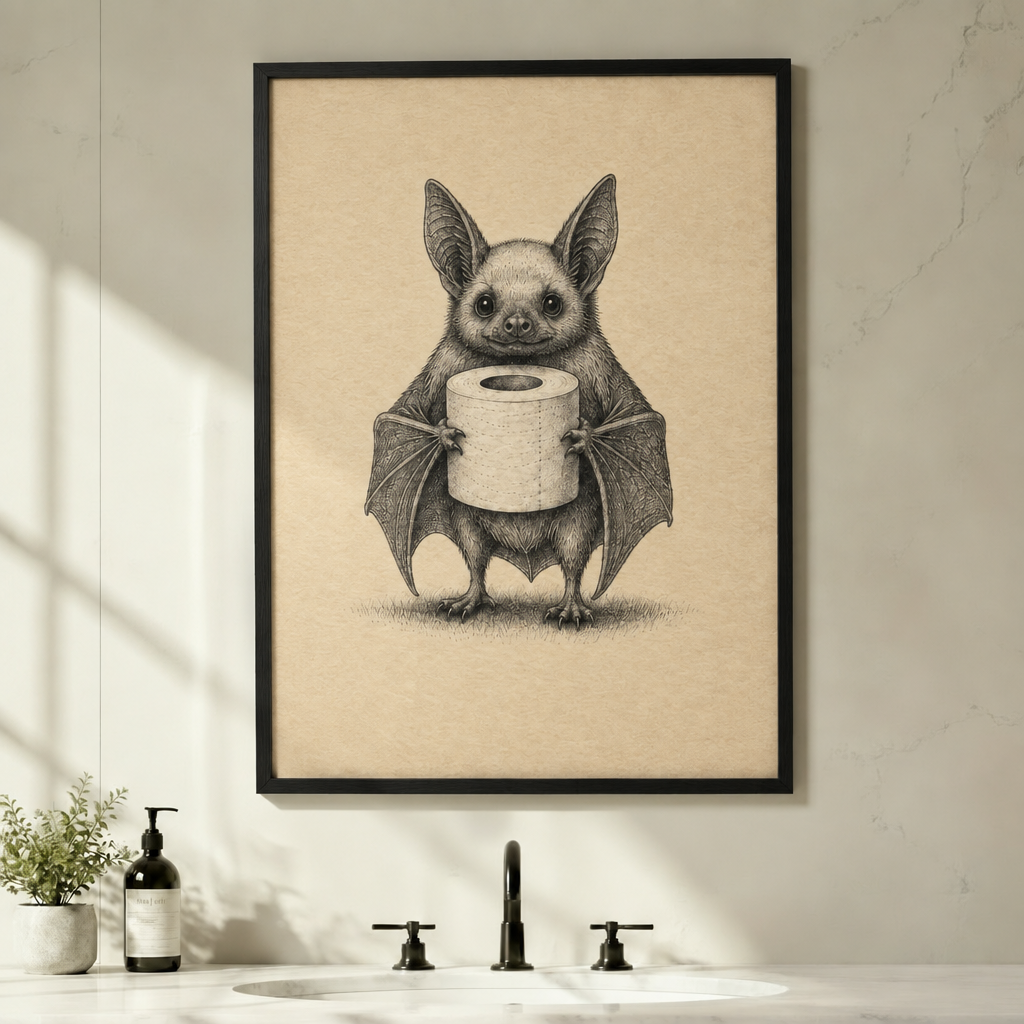  Framed bat toilet paper bathroom wall art above a sink, featuring a vintage-style bat holding a roll of toilet paper