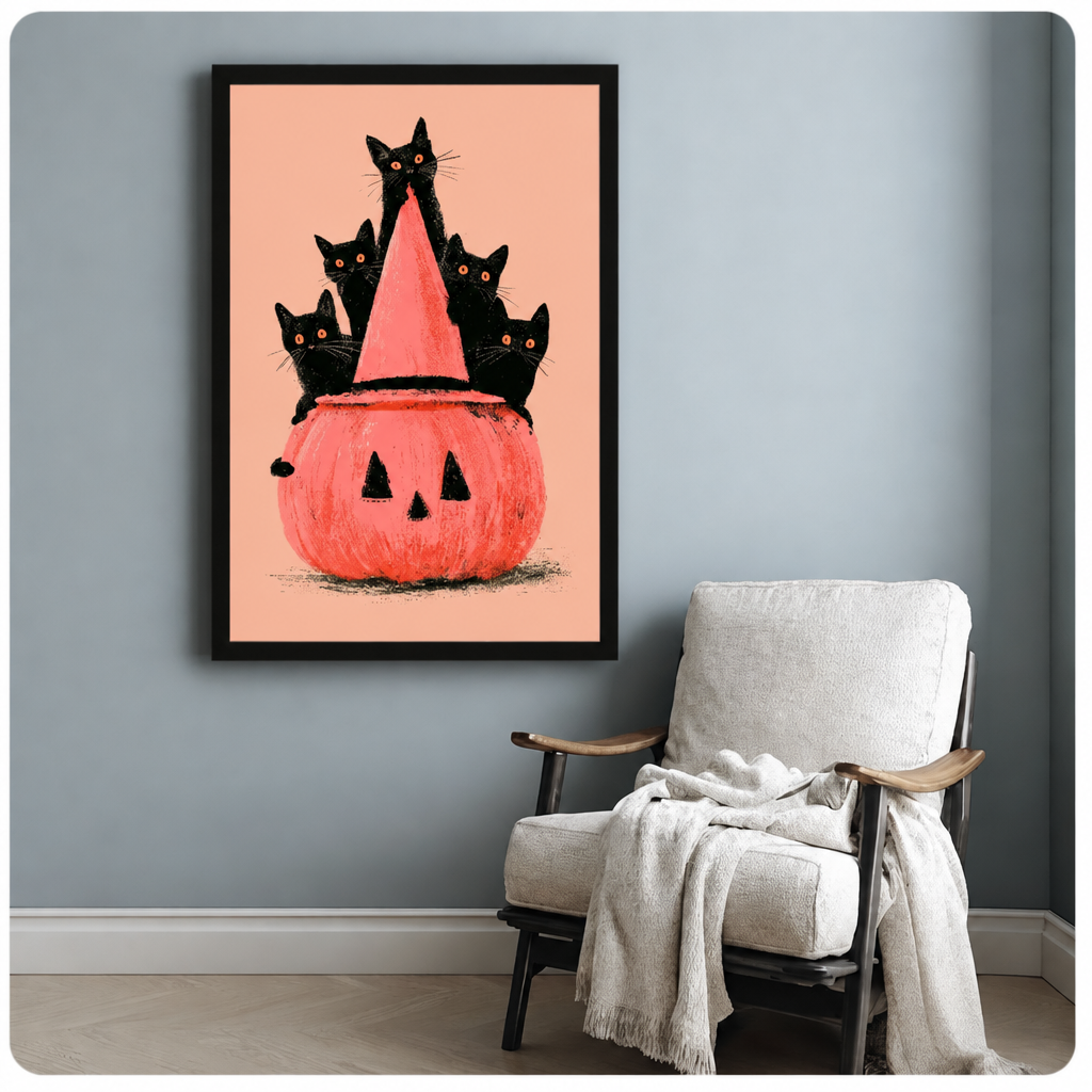 Framed Halloween cat and pumpkin wall art beside a white armchair against a blue-gray wall.