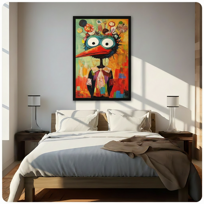 bold expressive bird painting black framed canvas above bed modern bedroom white bedding sunlight
