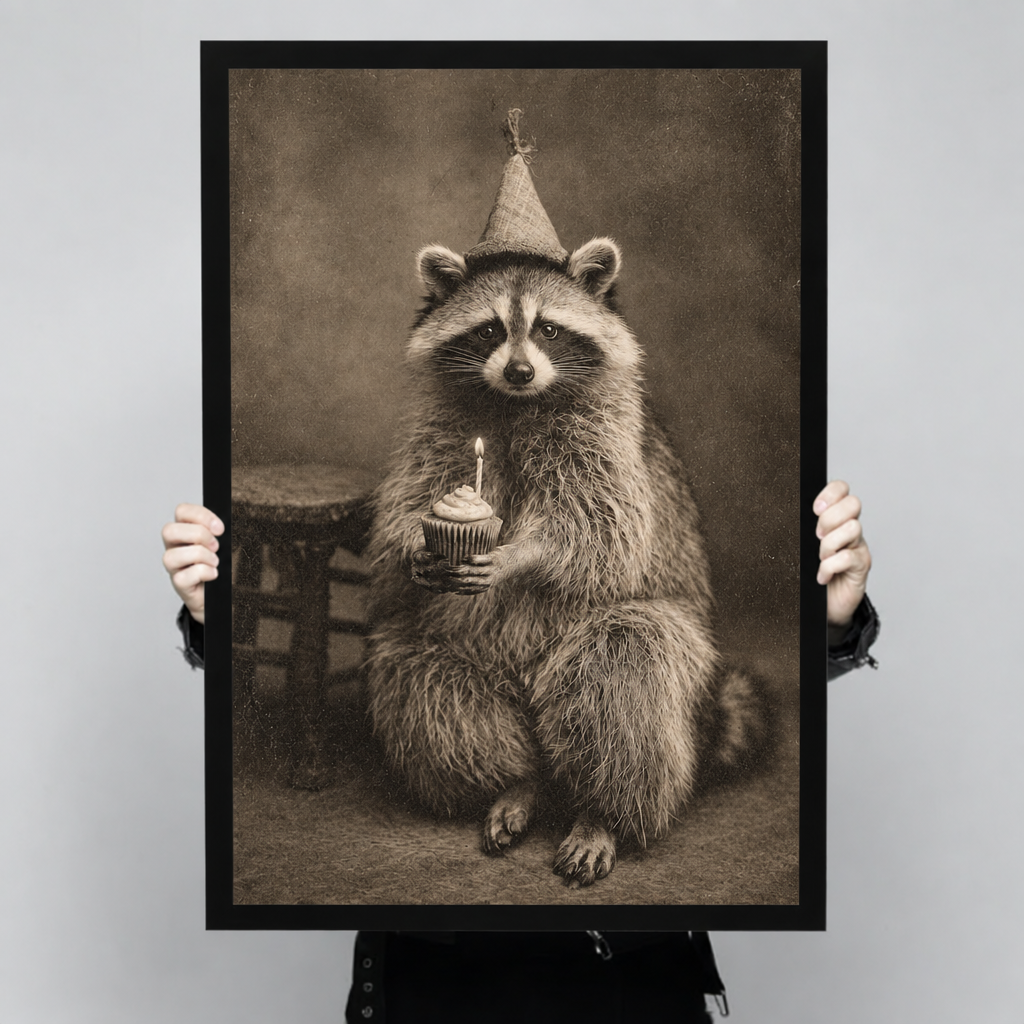 Framed birthday raccoon canvas wall art held by hands, featuring detailed fur and a cupcake topped with a glowing candle