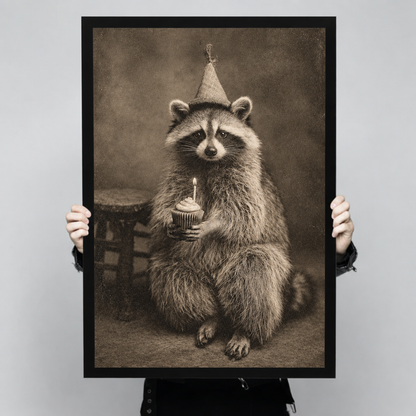 Framed birthday raccoon canvas wall art held by hands, featuring detailed fur and a cupcake topped with a glowing candle