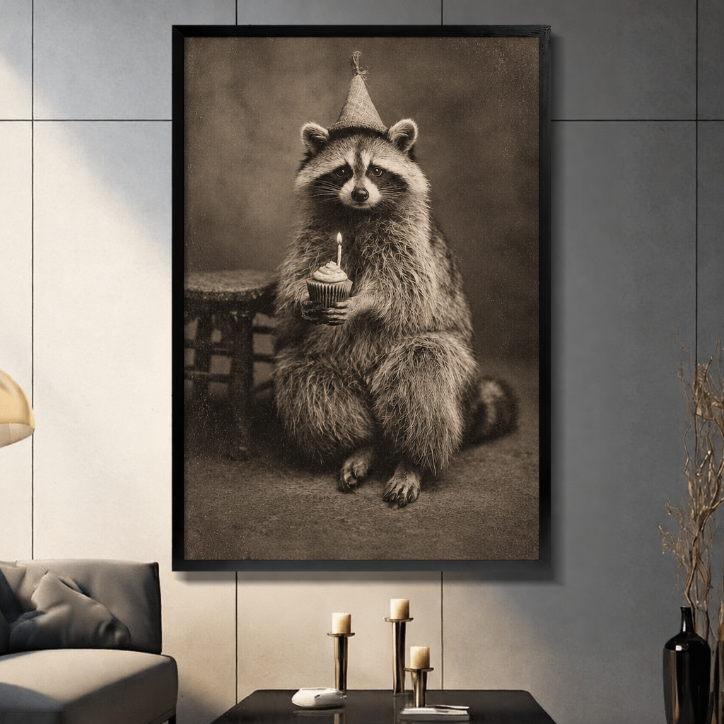 Framed birthday raccoon canvas wall art in a living room, featuring a party-hat raccoon holding a cupcake with a lit candle
