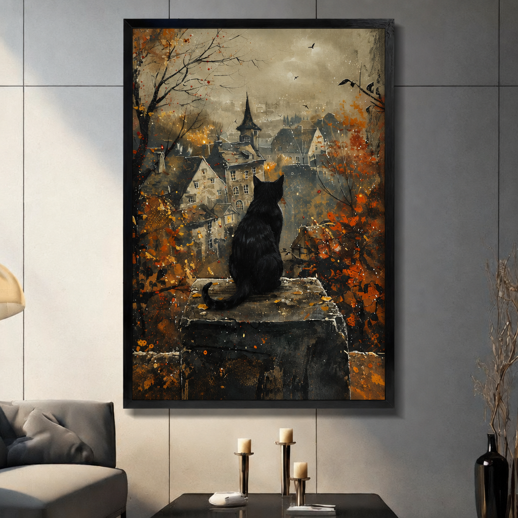 Framed black cat autumn town canvas wall art displayed in a living room, with a cat overlooking a village through fall foliage