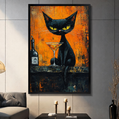  Framed black cat cocktail canvas wall art displayed in a living room, featuring a yellow-eyed cat beside a martini glass