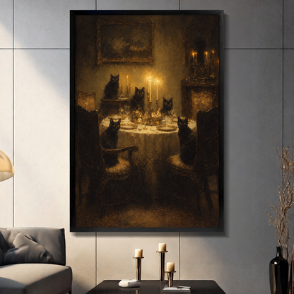 Framed black cat dinner canvas wall art in a living room, featuring five cats around a candlelit dining table