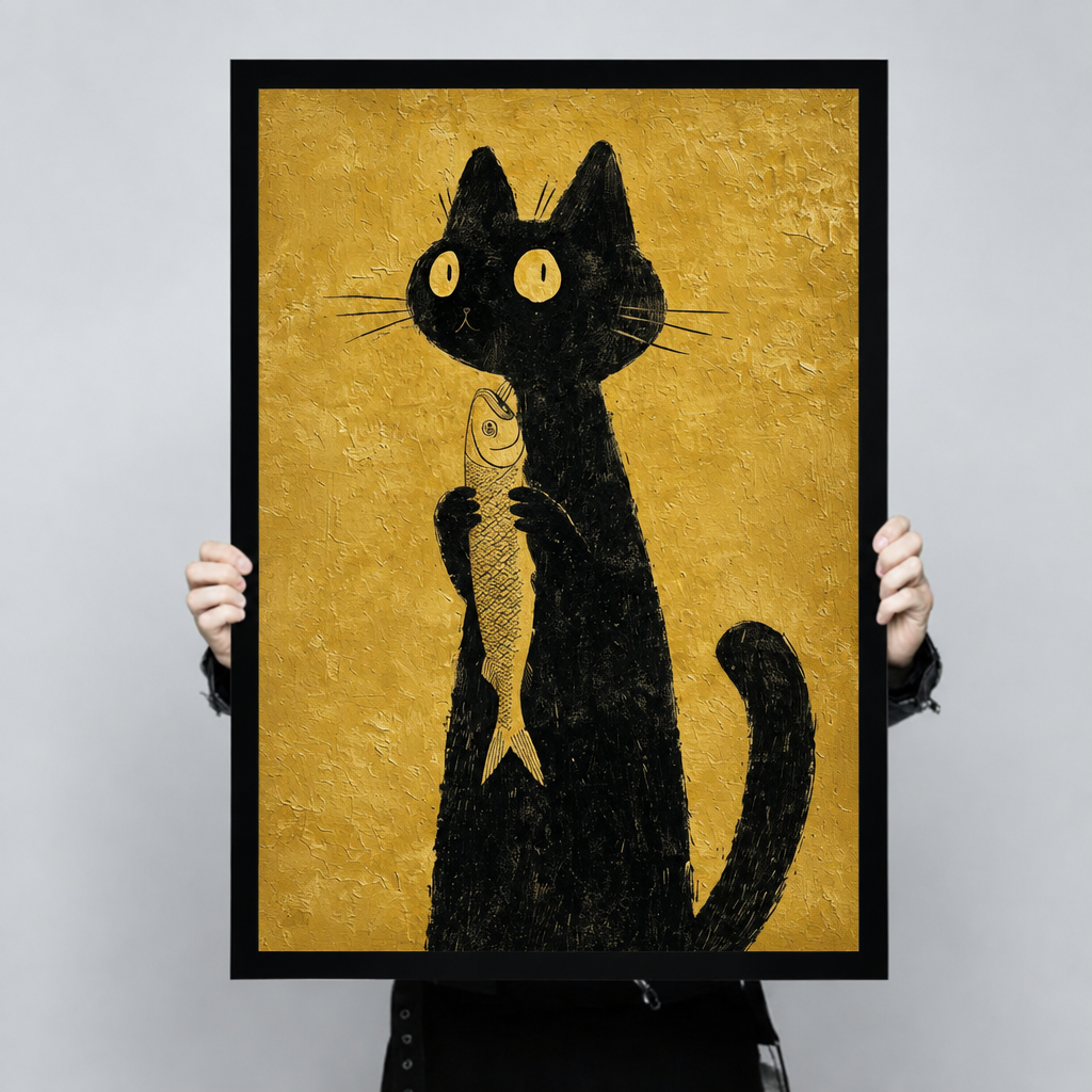  Framed black cat fish canvas wall art held by hands, featuring a cat with a curved tail clutching a golden fish
