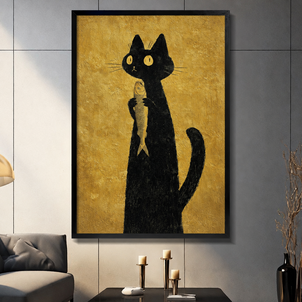 Framed black cat fish canvas wall art in a living room, featuring a yellow-eyed cat holding a golden fish
