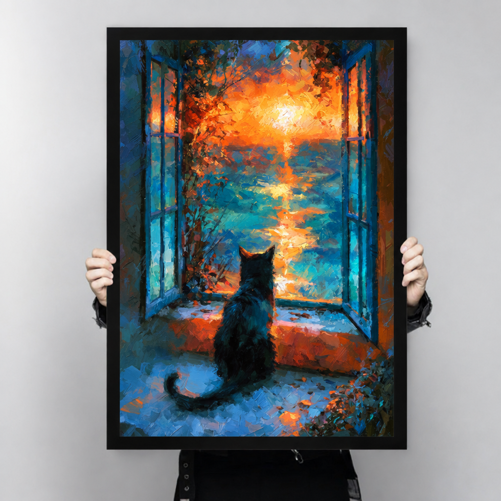  Framed black cat sunset canvas wall art held by hands, depicting a cat beside an open window with autumn colors