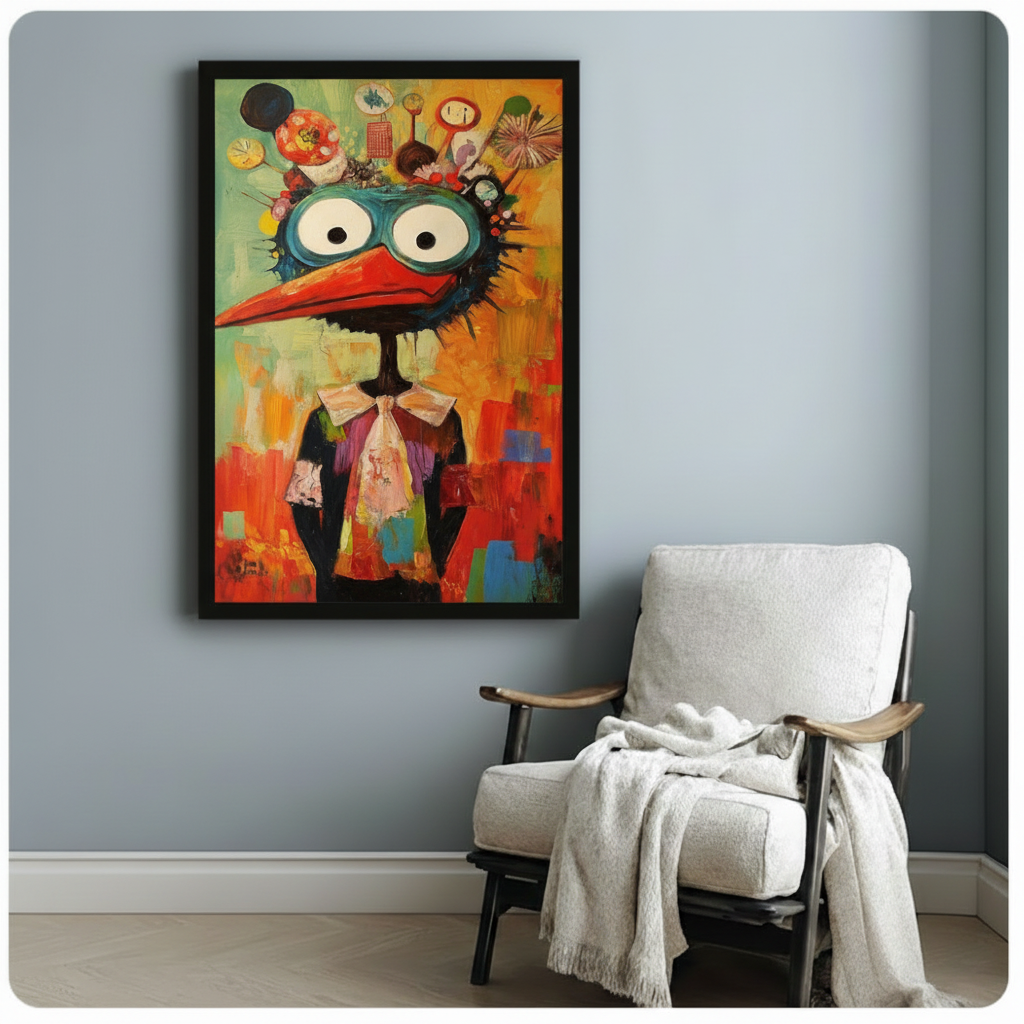 whimsical bird portrait framed canvas art blue gray wall white armchair cozy reading nook decor