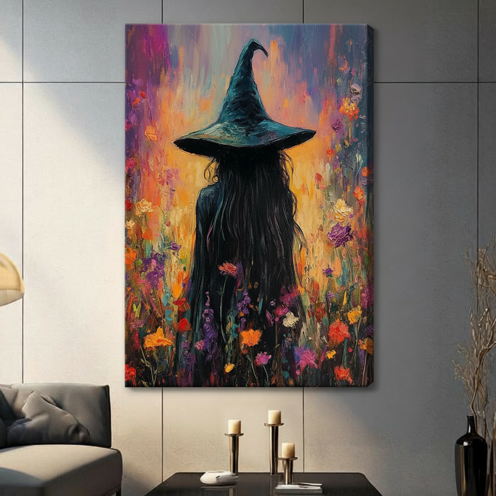 Black framed witch wall art featuring a back-facing witch in a colorful wildflower scene above a modern console.