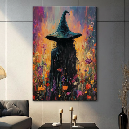 Black framed witch wall art featuring a back-facing witch in a colorful wildflower scene above a modern console.