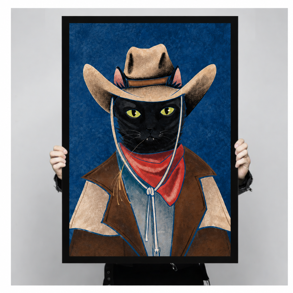 Framed cowboy cat canvas wall art held by hands, featuring a black cat in a western hat and brown vest