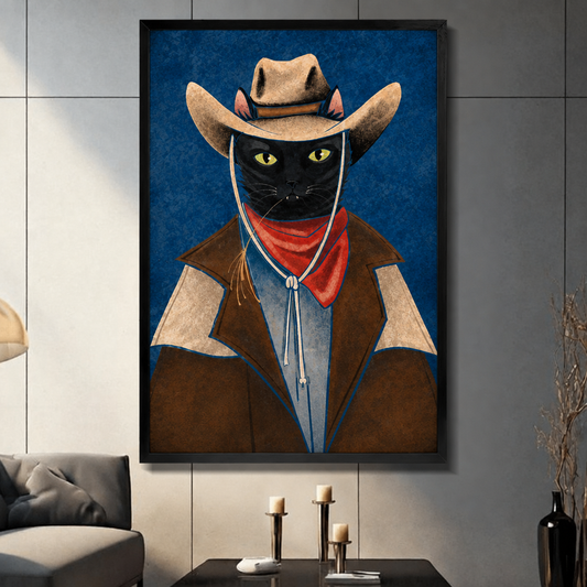  Framed cowboy cat canvas wall art displayed in a living room, featuring a black cat in a tan hat and red bandana