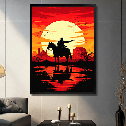  Framed cowboy rider sunset canvas wall art displayed in a living room, with a horseback silhouette beneath a glowing sun