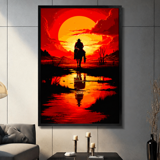  Framed cowboy sunset canvas wall art displayed in a living room, showing a rider on horseback beneath a vivid red-orange sun