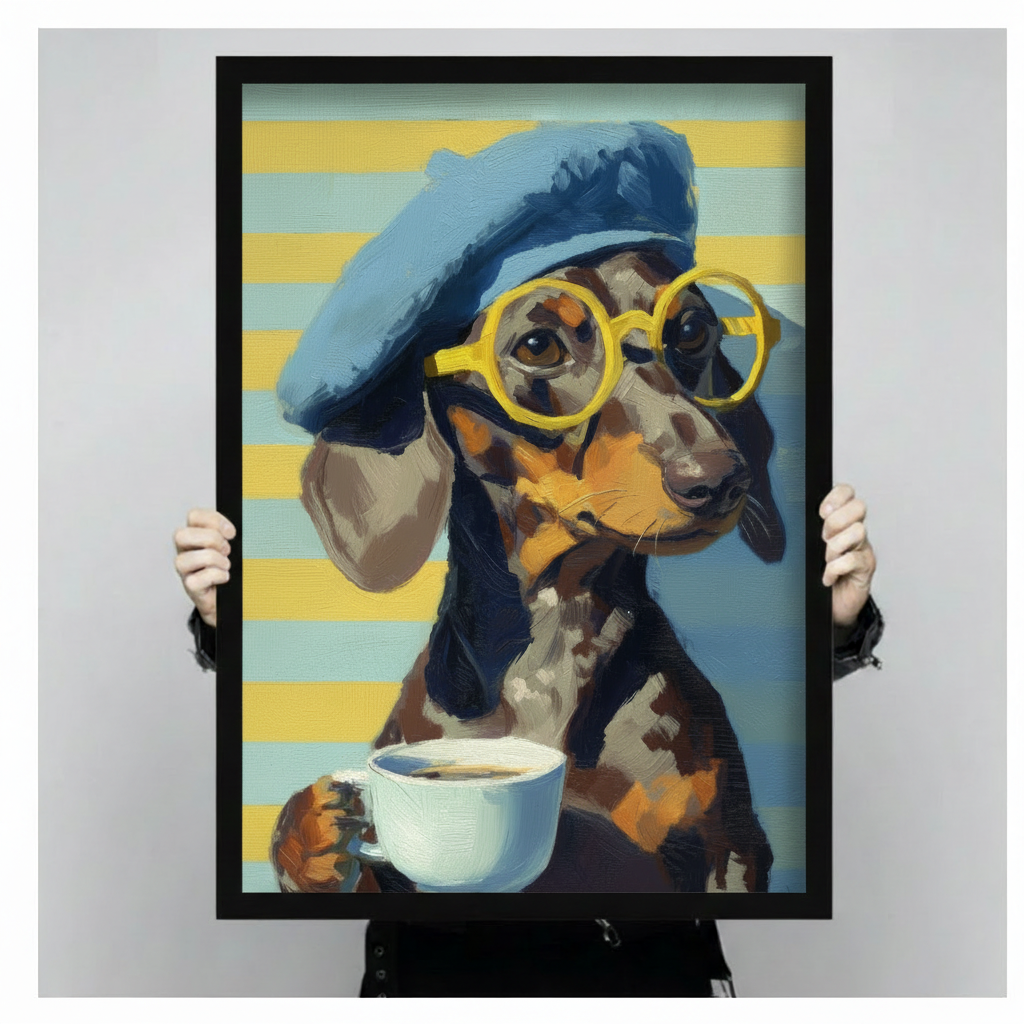  Framed dachshund coffee canvas wall art held by hands, featuring a beret-wearing dog with round glasses and coffee