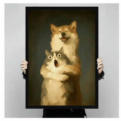 Shiba Inu and cat canvas wall art in a black frame, showing a smiling dog hugging a wide-eyed cat