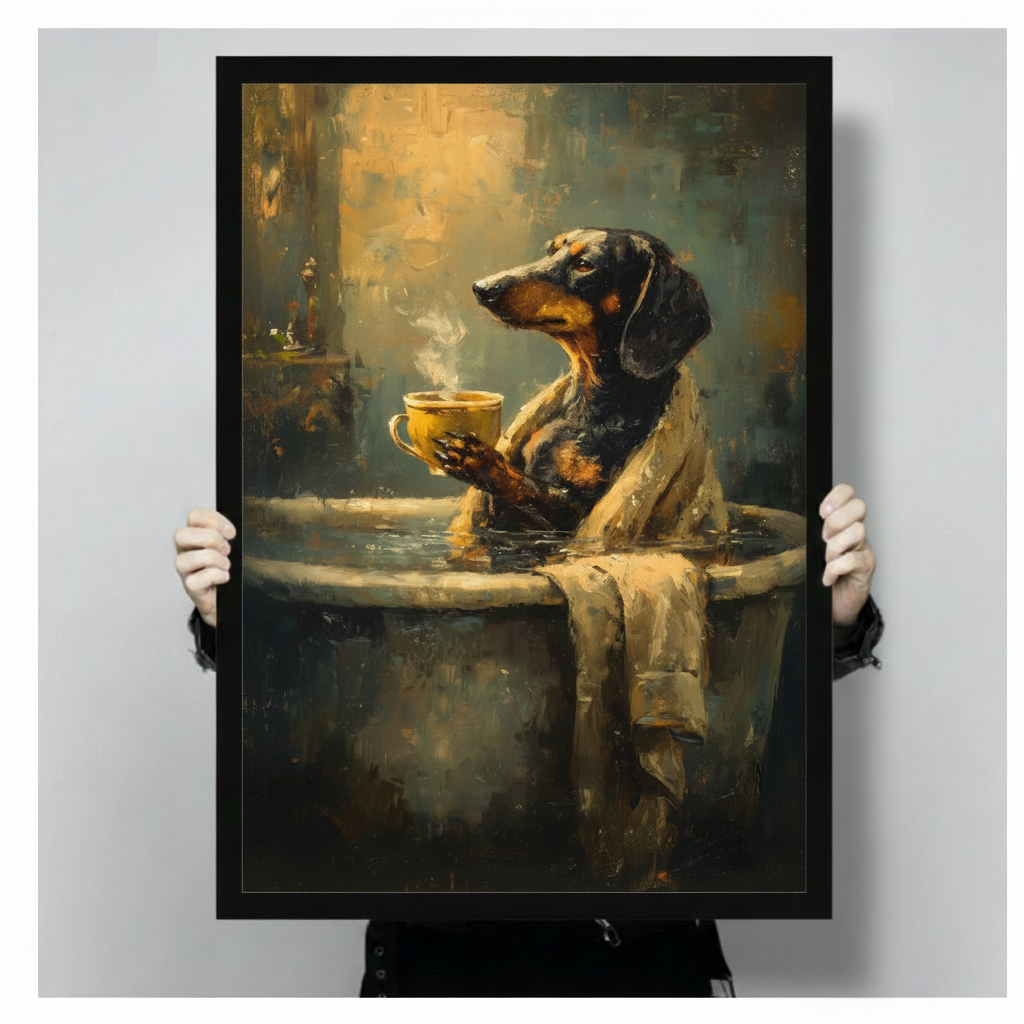 Framed dog coffee canvas wall art held by hands, showing a relaxed dog enjoying a warm drink