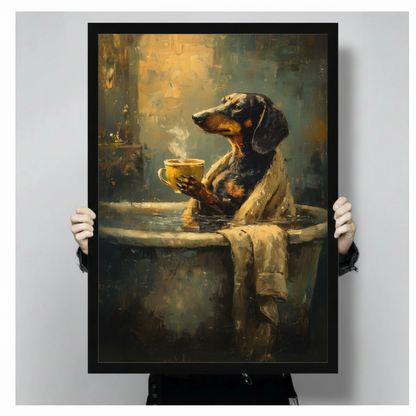  Framed dog coffee canvas wall art held by hands, showing a relaxed dog enjoying a warm drink