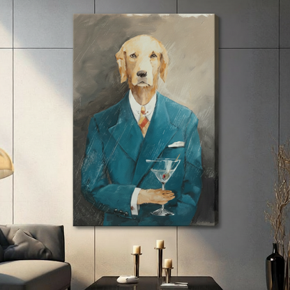  Framed dog portrait wall art showing a sophisticated dog in formal attire with a cocktail