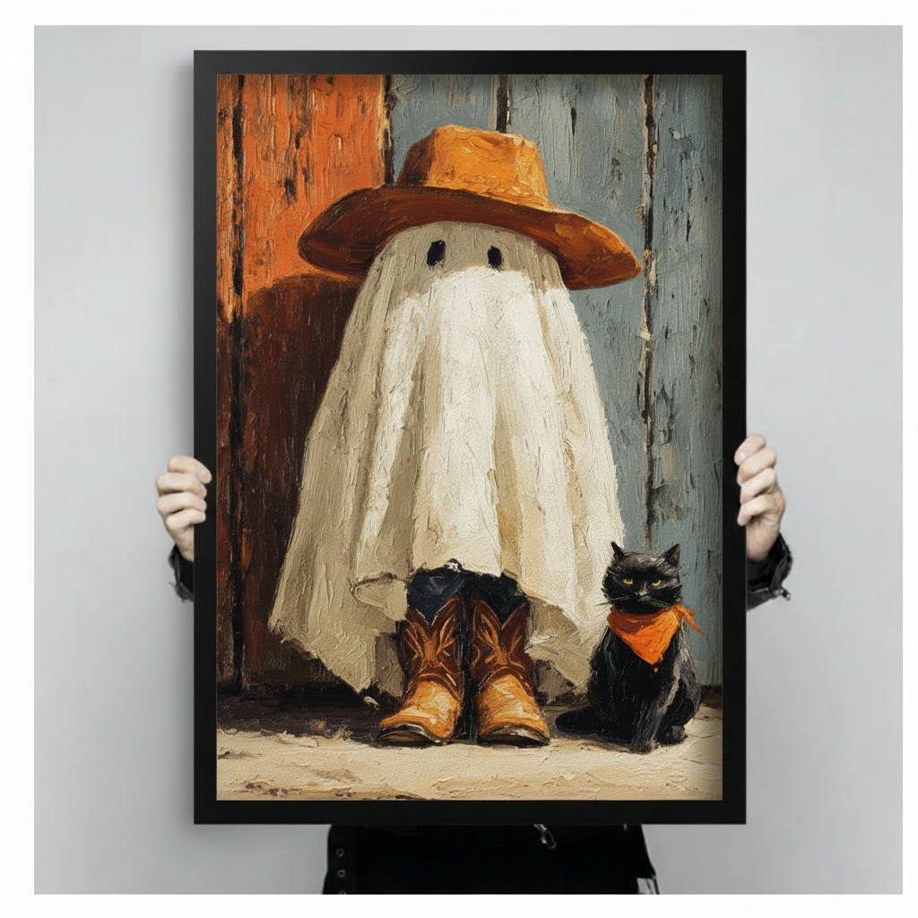 Framed ghost cat canvas wall art held by hands, showing a cowboy-hat ghost and black cat