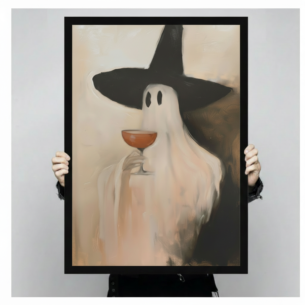  Black framed ghost witch wall art showing a white ghost in a pointed hat with a cocktail glass above a modern console.