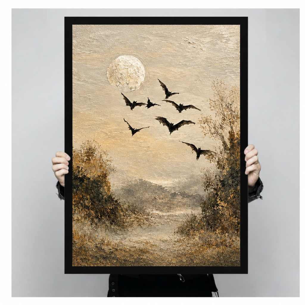  Framed Halloween bat canvas wall art held by hands, depicting bats flying across a moonlit woodland landscape
