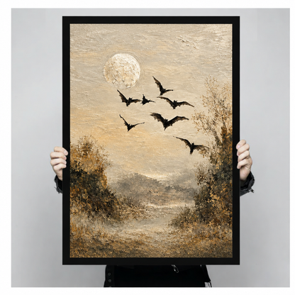  Framed Halloween bat canvas wall art held by hands, depicting bats flying across a moonlit woodland landscape