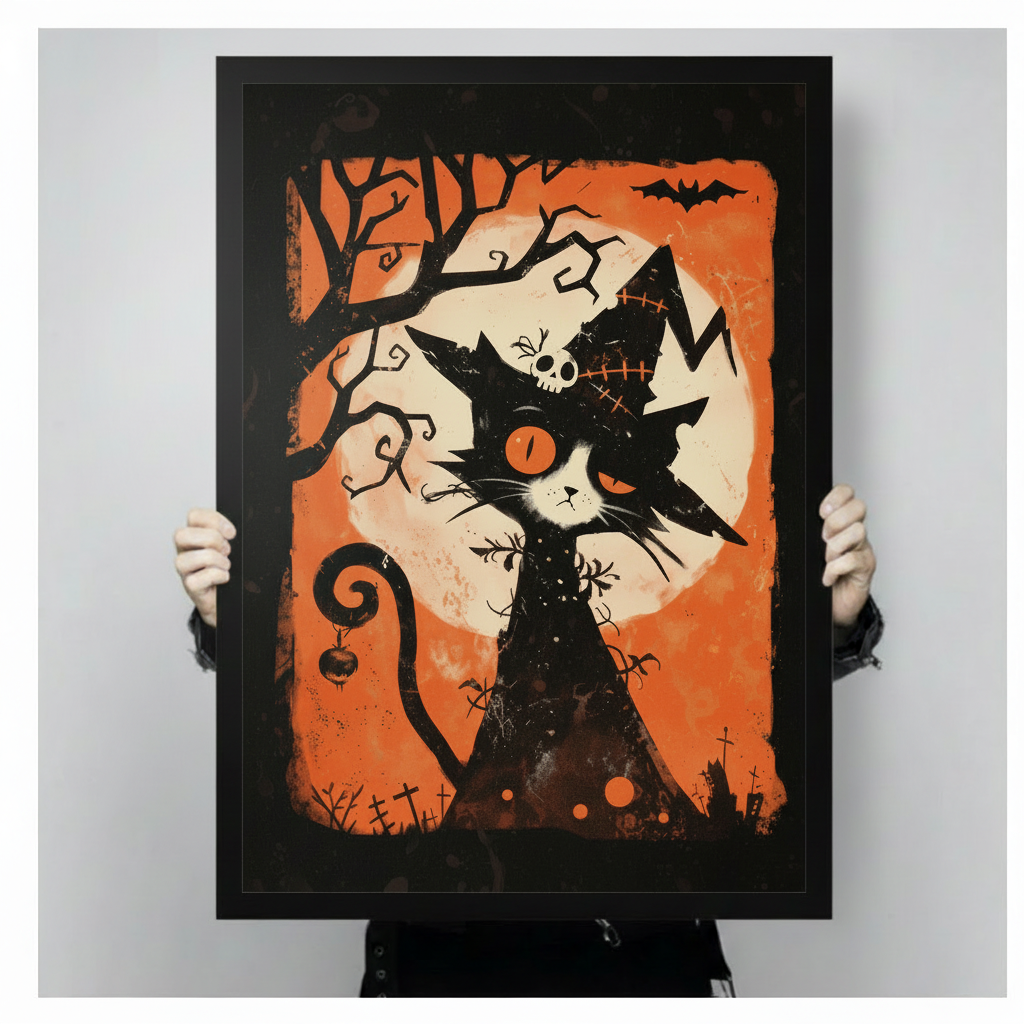 Framed Halloween cat canvas wall art held by hands, featuring a black witch cat with a skull and orange moon