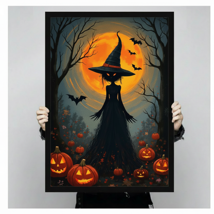 Framed Halloween cat canvas wall art held by hands, featuring a black witch cat with a skull and orange moon
