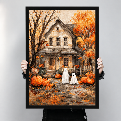 Framed Halloween ghost pumpkin canvas wall art held by hands, depicting two ghosts on a leaf-covered path beside pumpkins