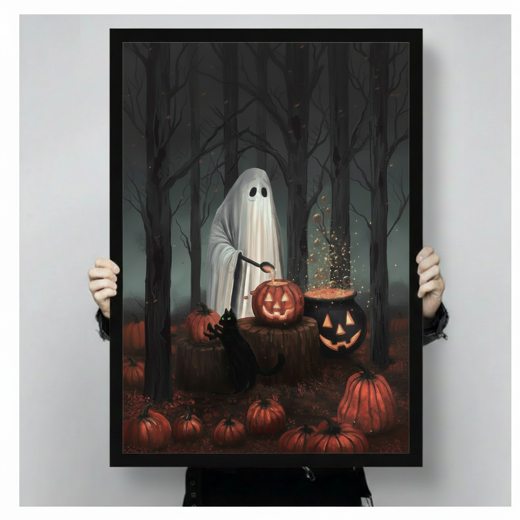  Framed Halloween ghost pumpkin canvas wall art held by hands, featuring a ghost, black cat, and glowing jack-o-lanterns