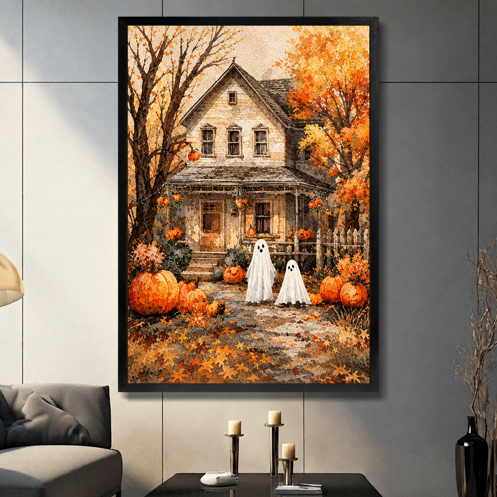 Framed Halloween ghost pumpkin canvas wall art displayed in a living room, with two ghosts and pumpkins in an autumn yard