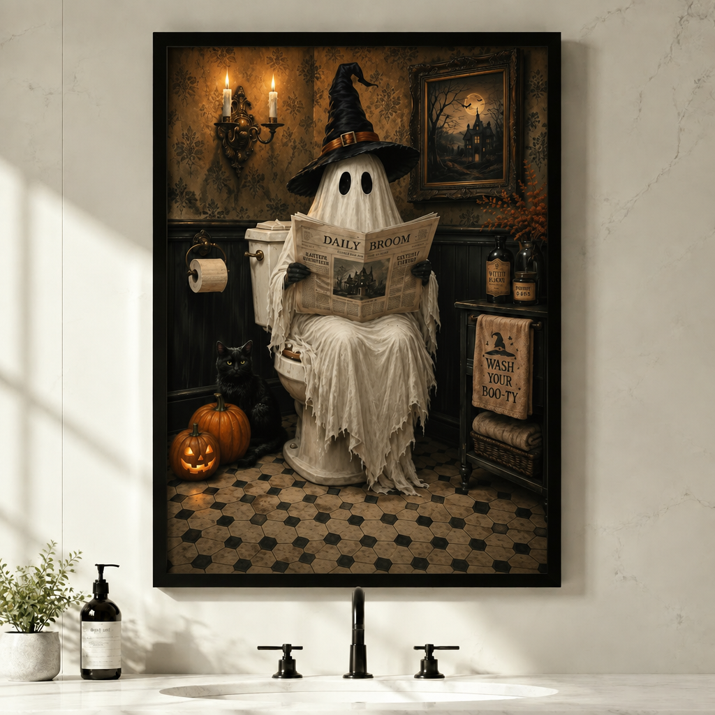  Framed Halloween ghost reading canvas wall art above a bathroom sink, featuring a witch-hat ghost, black cat, and jack-o-lantern