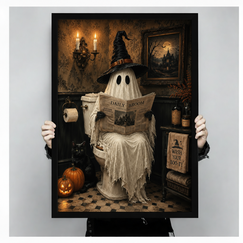 Framed Halloween ghost reading canvas wall art held by hands, featuring a ghost, black cat, and glowing pumpkin