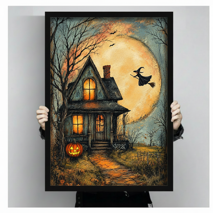 Framed Halloween haunted house canvas wall art held by hands, featuring a glowing pumpkin and flying witch beneath the moon