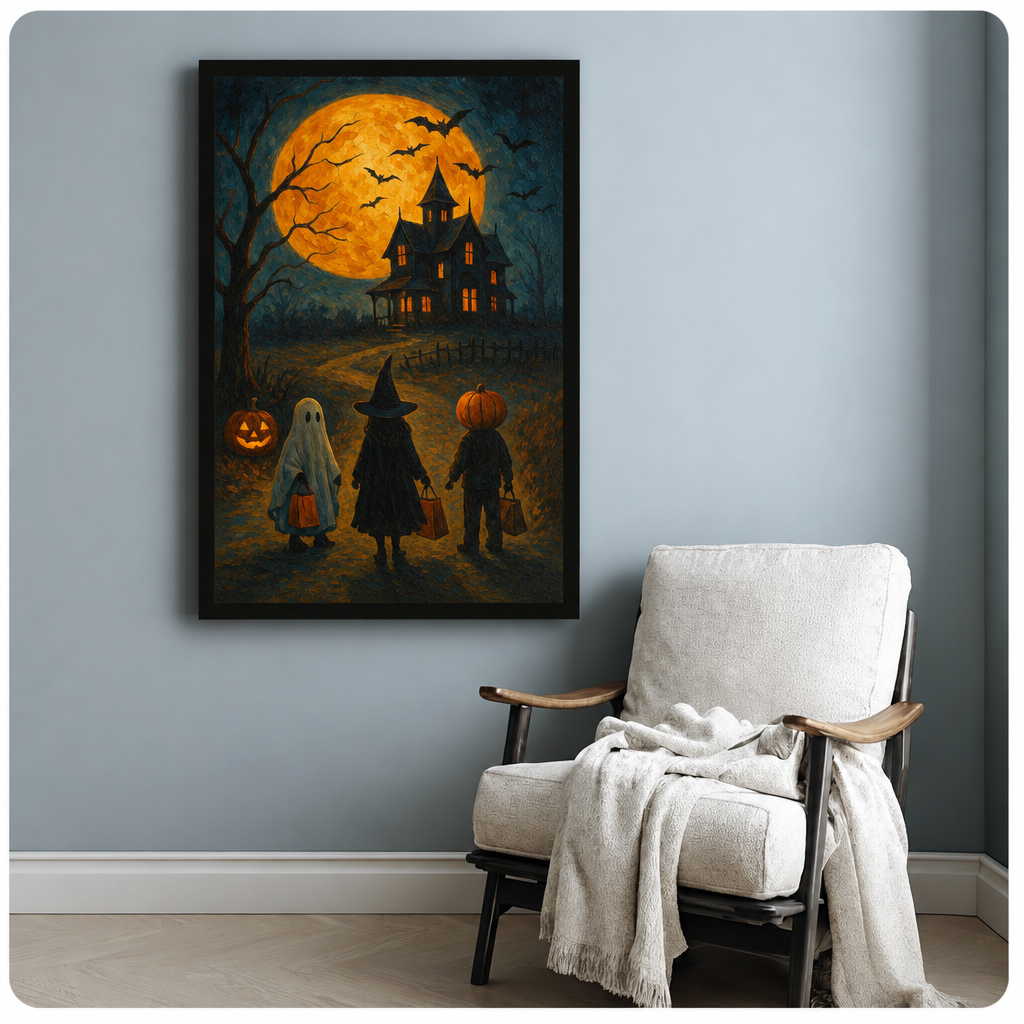 Framed Halloween trick or treat canvas wall art above a white armchair, featuring a ghost, witch, pumpkin child, and haunted house