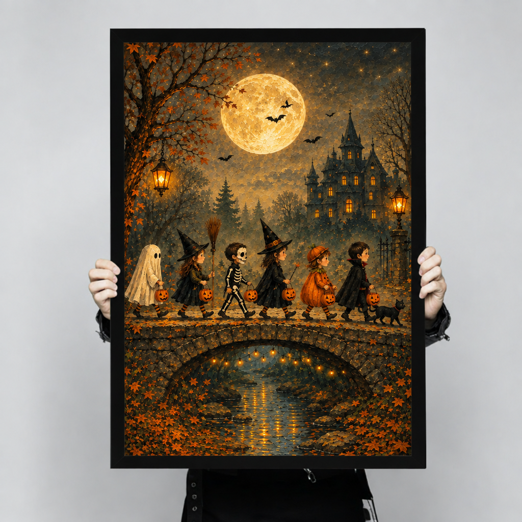 Framed Halloween trick or treat canvas wall art held by hands, showing ghost, witch, and skeleton costumes on an autumn bridge