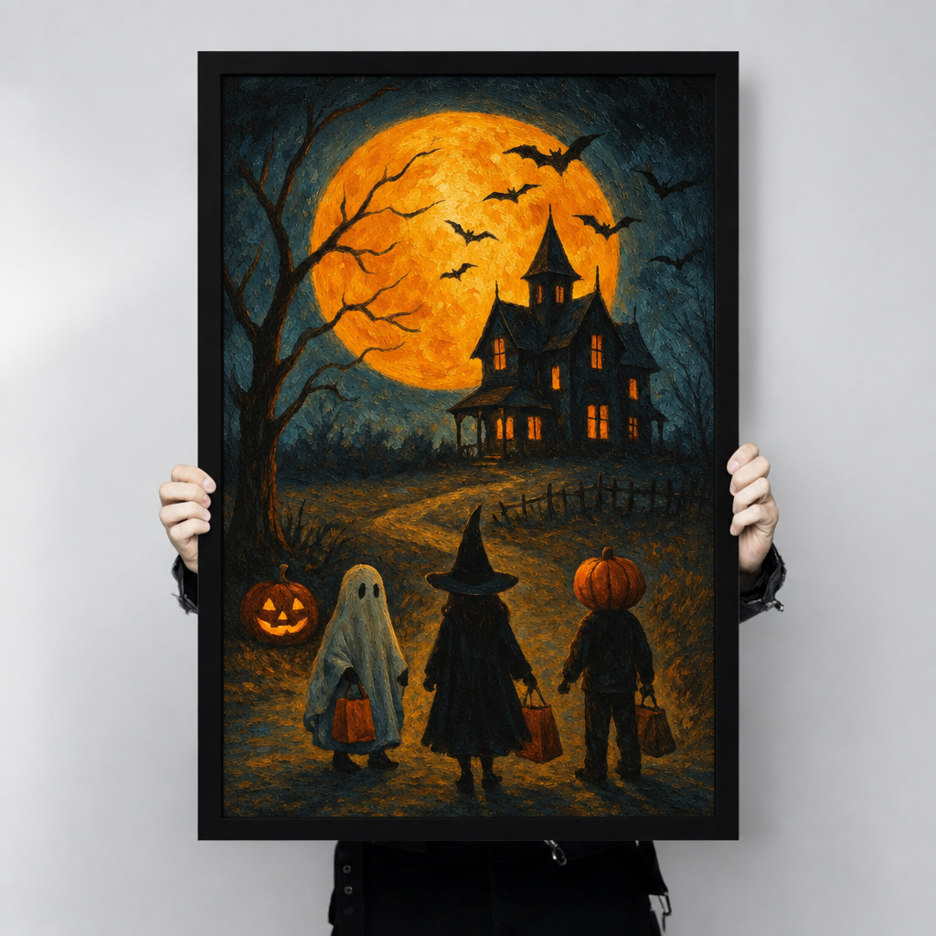  Framed Halloween trick or treat canvas wall art held by hands, showing costumed children walking toward a haunted house