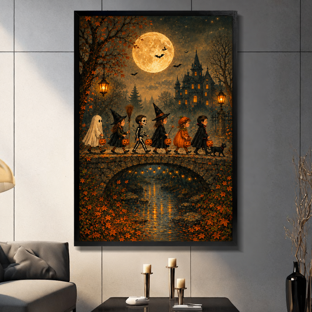 Framed Halloween trick or treat canvas wall art in a living room, showing costumed children crossing a moonlit stone bridge