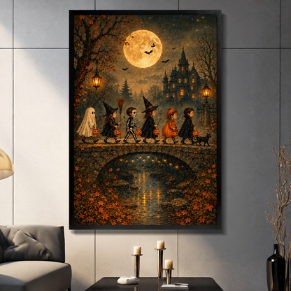 Framed Halloween trick or treat canvas wall art in a living room, showing costumed children crossing a moonlit stone bridge