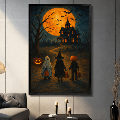  Framed Halloween trick or treat canvas wall art displayed in a living room with costumed children and glowing pumpkins