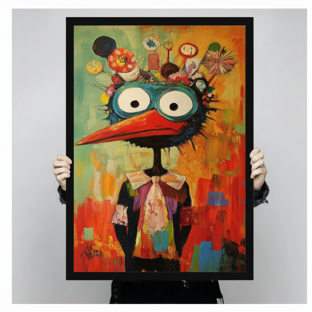 hands holding large framed quirky bird canvas art print vibrant colors gray background size display